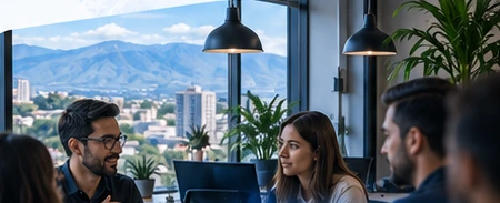 Colleagues exchanging ideas in a modern office