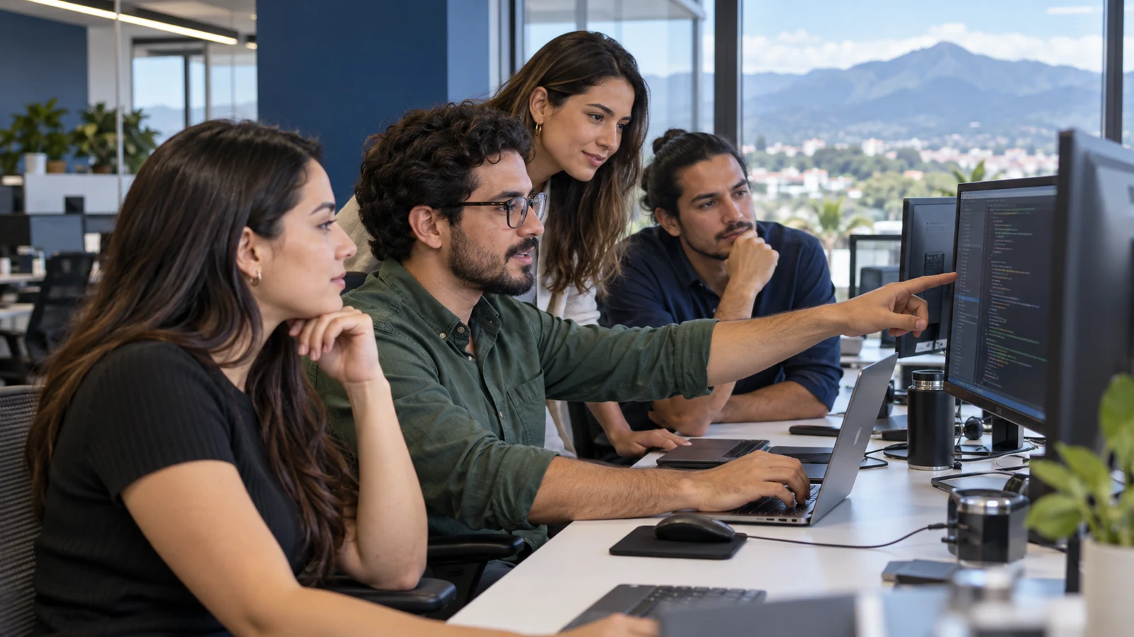 Illustrative scene of software professionals collaborating in a modern Costa Rican office